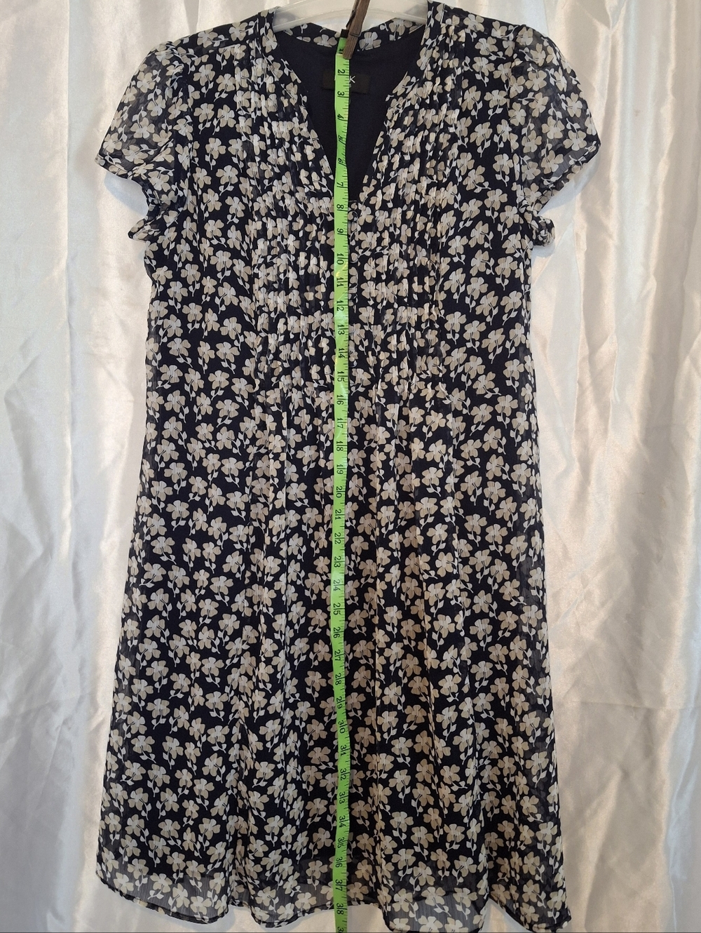 Navy Print Dress, Petite, Tuxedo tucks, Button Front to Waist. Sash